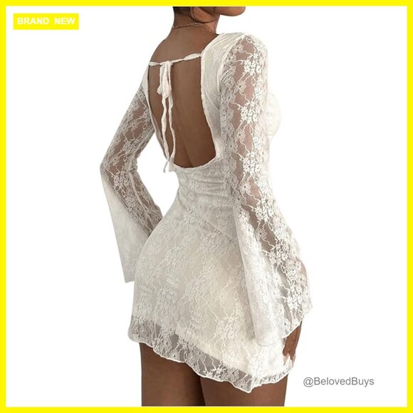 Lace Mini Dress Long Sleeve Backless Tie Bodycon Party Club Night Out Lace Mini Dress Long Sleeve Backless Tie Bodycon Party Club Night Out